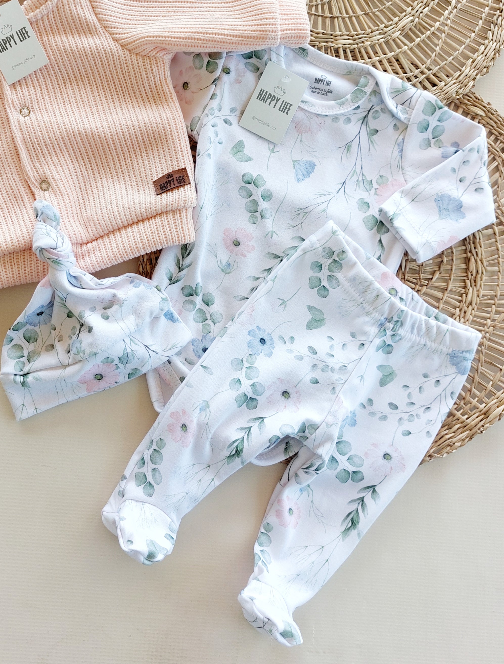 KIT RN Gale Pima - Flores celeste y rosa - Auremi ropa infantil