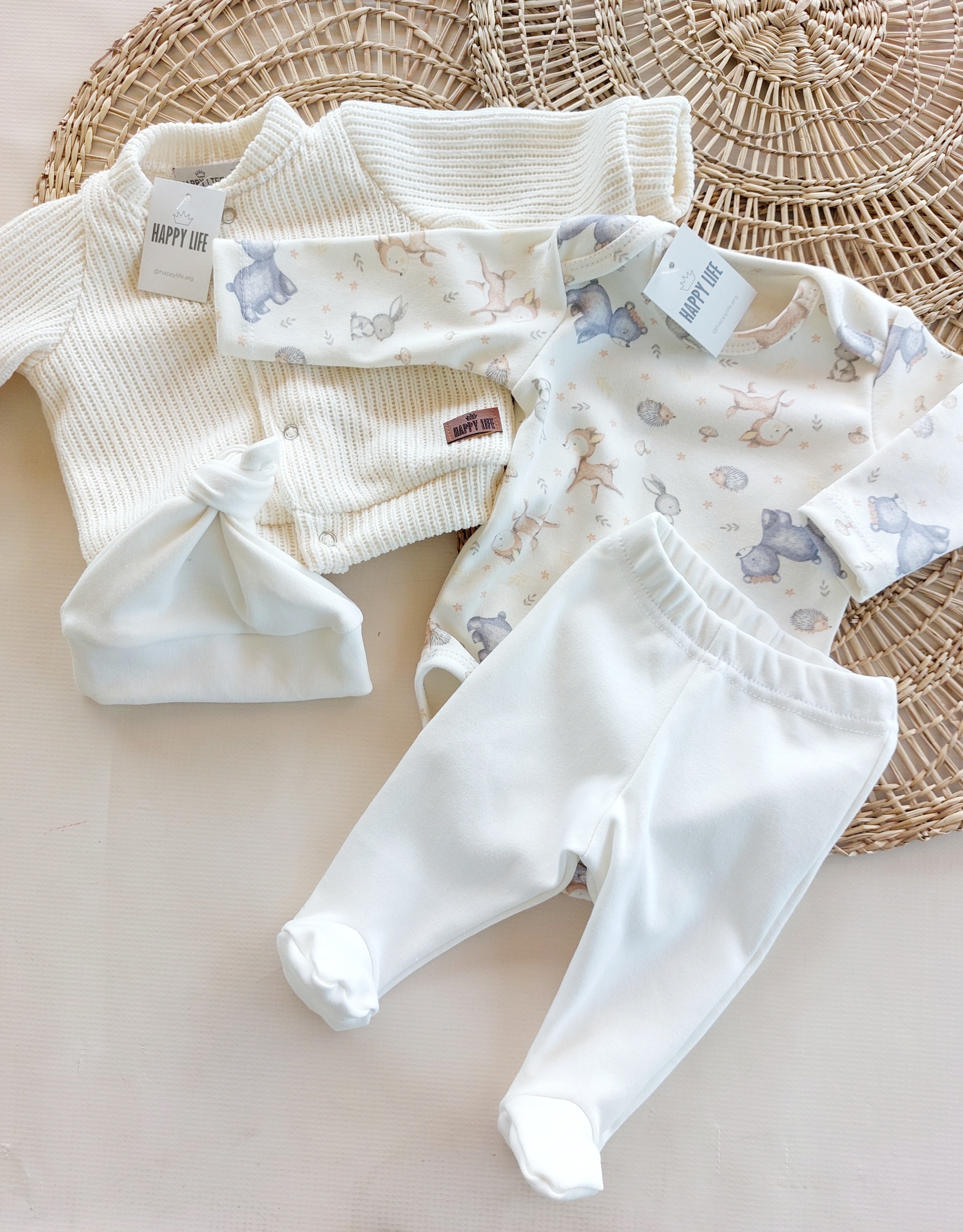 KIT RN Combinado Gale Interlock - Natural animales marrón y celeste - Auremi ropa infantil